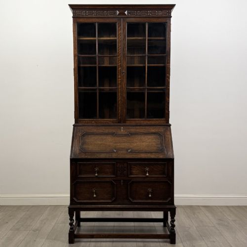 Antique Jacobean Style Oak Bureau Bookcase | Barley Twist Legs