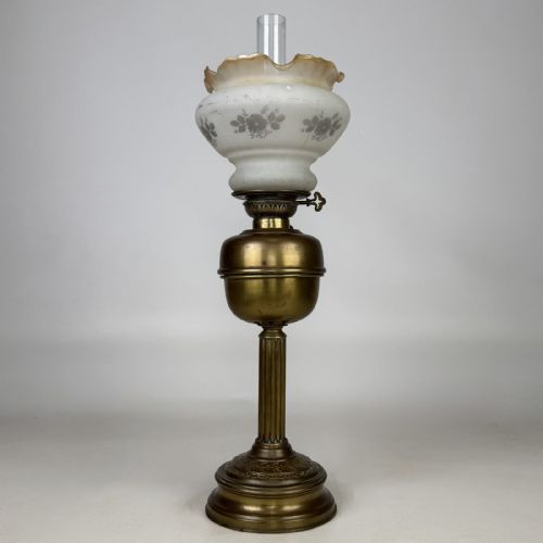 Antique Brass Oil Lamp | Floral Glass Shade