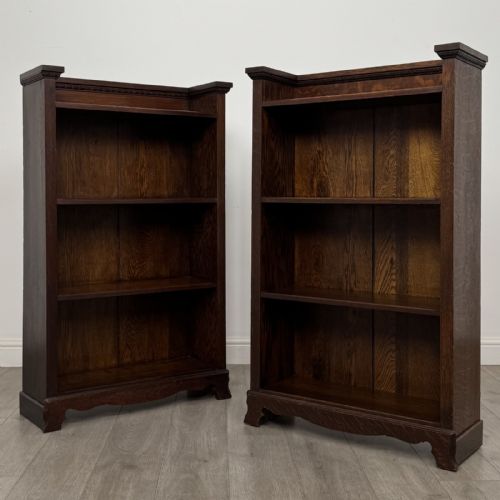 Antique Pair of Edwardian Oak Open Bookcases | Carved Cornice