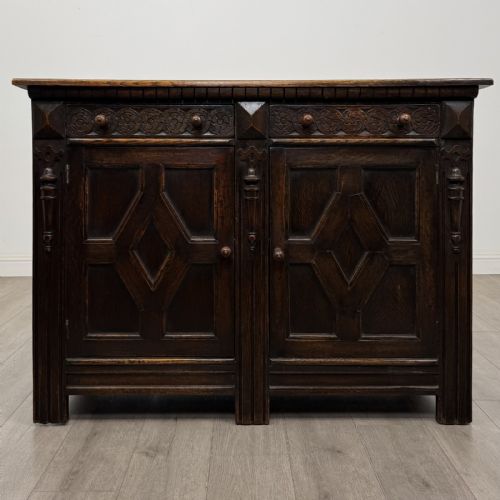 Antique Jacobean Style Carved Oak Sideboard | Geometric Panels