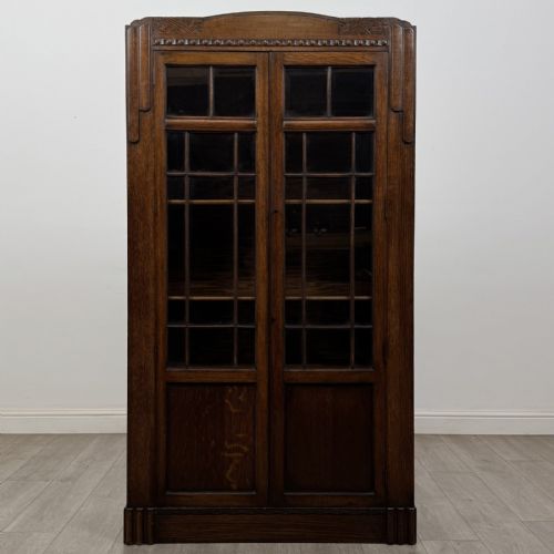 Antique Art Deco Oak Glazed Bookcase | Carved Arched Top