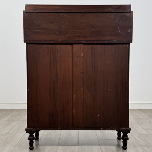 fig 5. A Regency mahogany chiffonier featuring a raised shelf, two drawers with brass ring handles, and a double-door cupboard flanked by carved columns on turned feet.