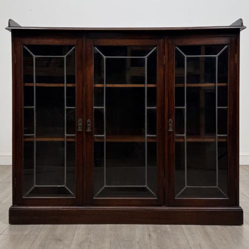 Antique Edwardian Oak Display Cabinet | Leaded Glass Doors