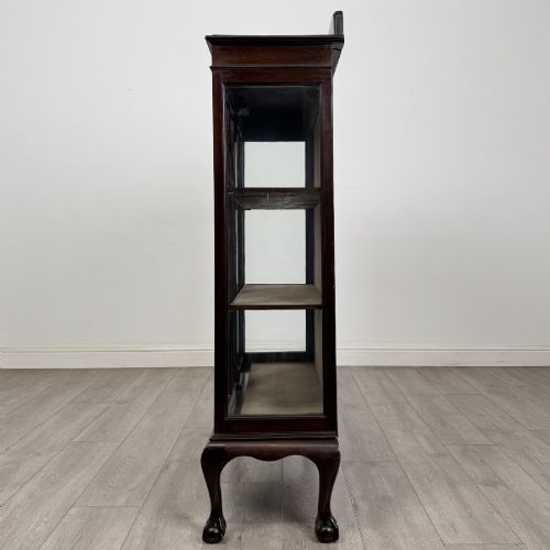 fig 2. A dark mahogany display cabinet featuring two glazed doors with geometric arch bars and carved ball-and-claw feet.