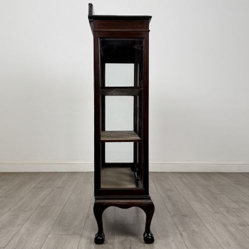 fig 6. A dark mahogany display cabinet featuring two glazed doors with geometric arch bars and carved ball-and-claw feet.