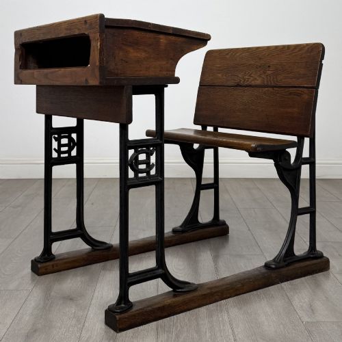 Antique Early 20th Century School Desk | Cast Iron & Inkwell