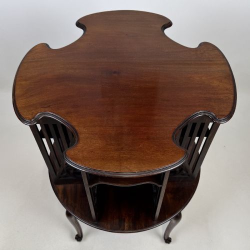 fig 6. An Edwardian dark mahogany revolving bookcase with pierced foliage fretwork side panels and cabriole legs.