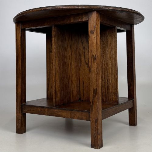 Antique Arts & Crafts Oak Round Side Table | Book Compartments