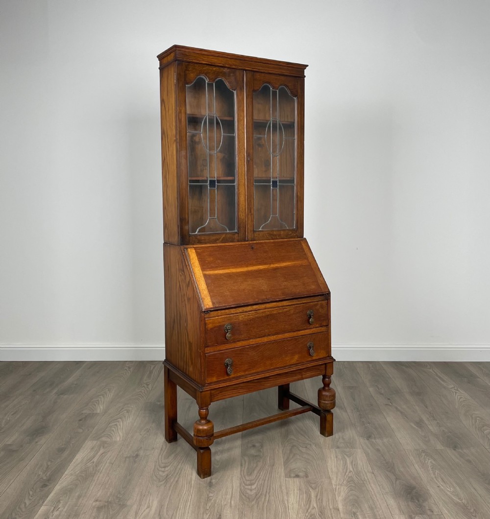 Antique Edwardian Bureau Bookcase In Oak View XI