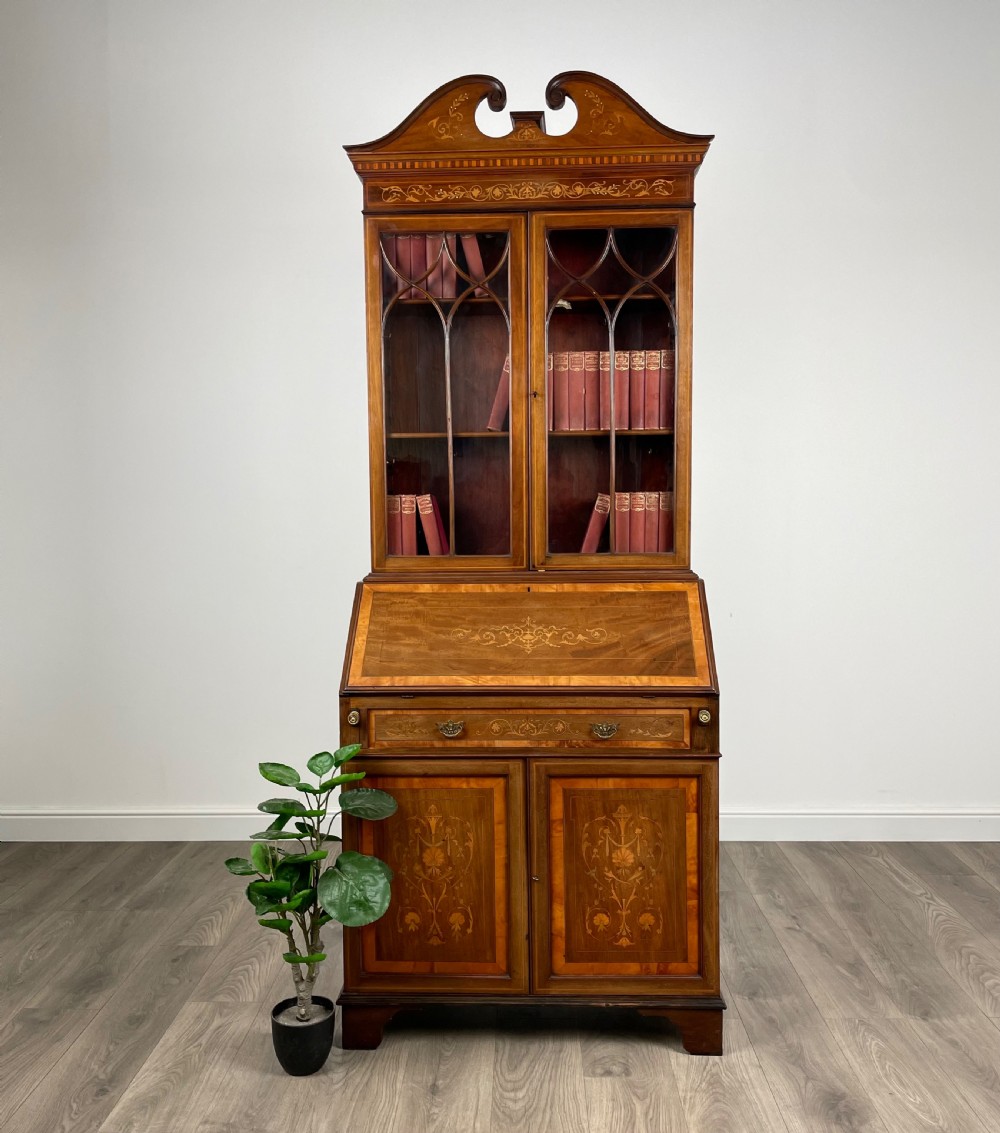 Antique 19th Century Inlaid Bureau Bookcase In Mahogany