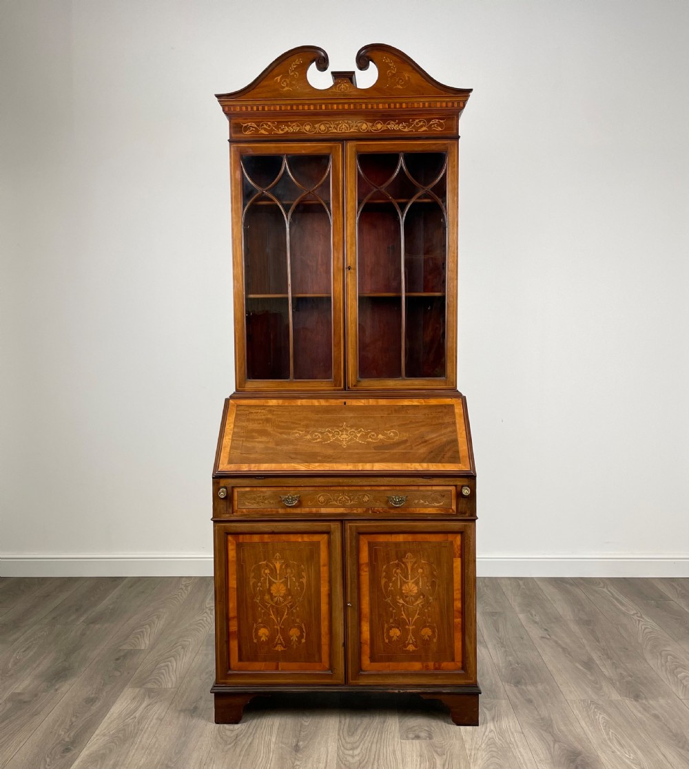 Antique 19th Century Inlaid Bureau Bookcase In Mahogany View VI