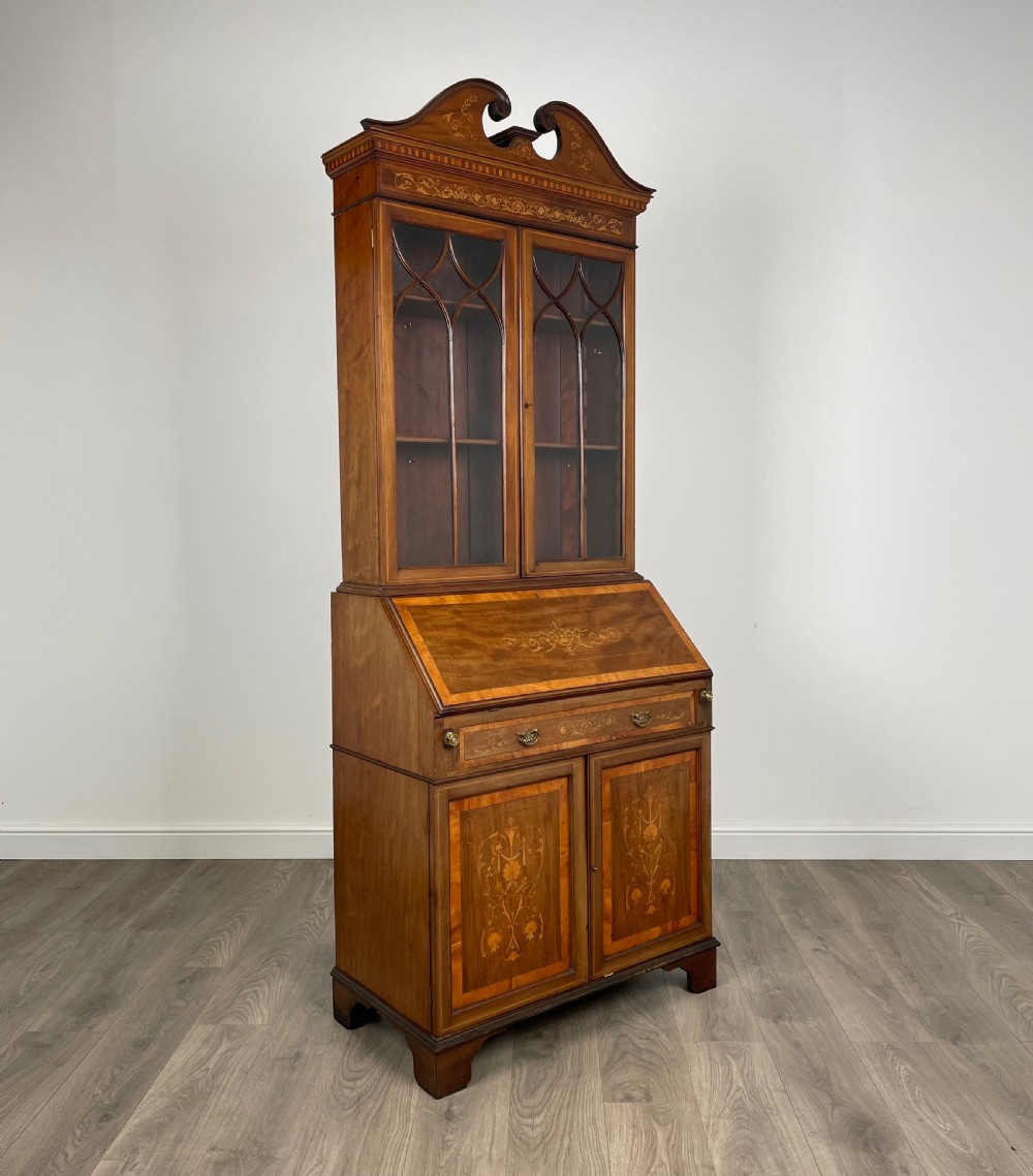 Antique 19th Century Inlaid Bureau Bookcase In Mahogany View XVII