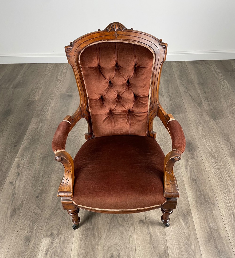 Antique 19th Century Button Back Armchair In Walnut View III