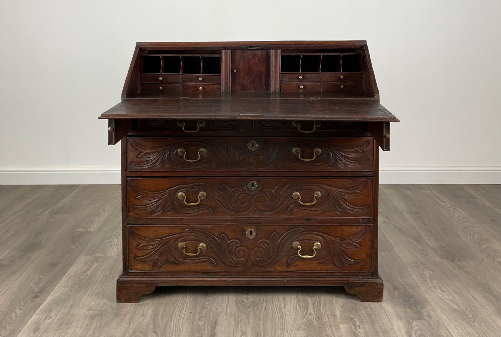 Antique 18th Century Heavily Carved Bureau In Oak View II