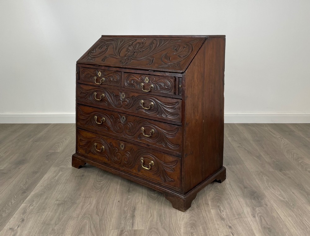 Antique 18th Century Heavily Carved Bureau In Oak View V