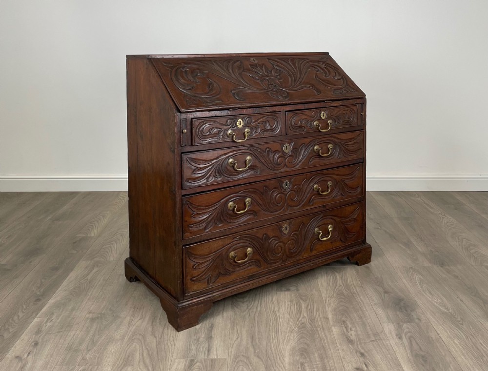 Antique 18th Century Heavily Carved Bureau In Oak View XI