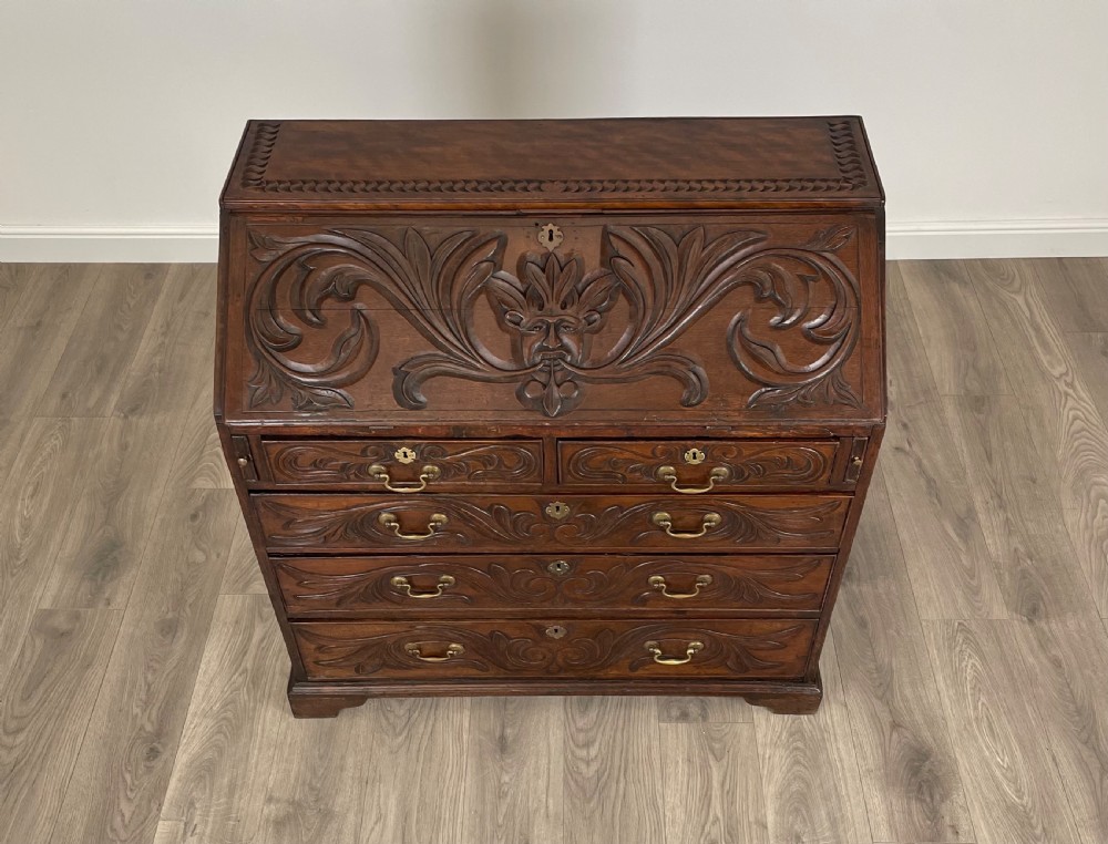 Antique 18th Century Heavily Carved Bureau In Oak View XII