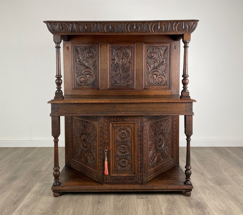 Antique Heavily Carved Victorian Sideboard In Oak