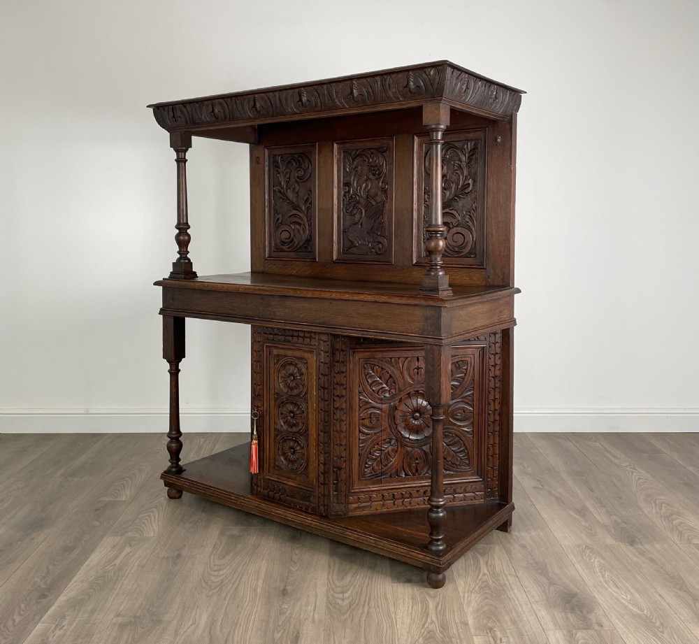 Antique Heavily Carved Victorian Sideboard In Oak View III