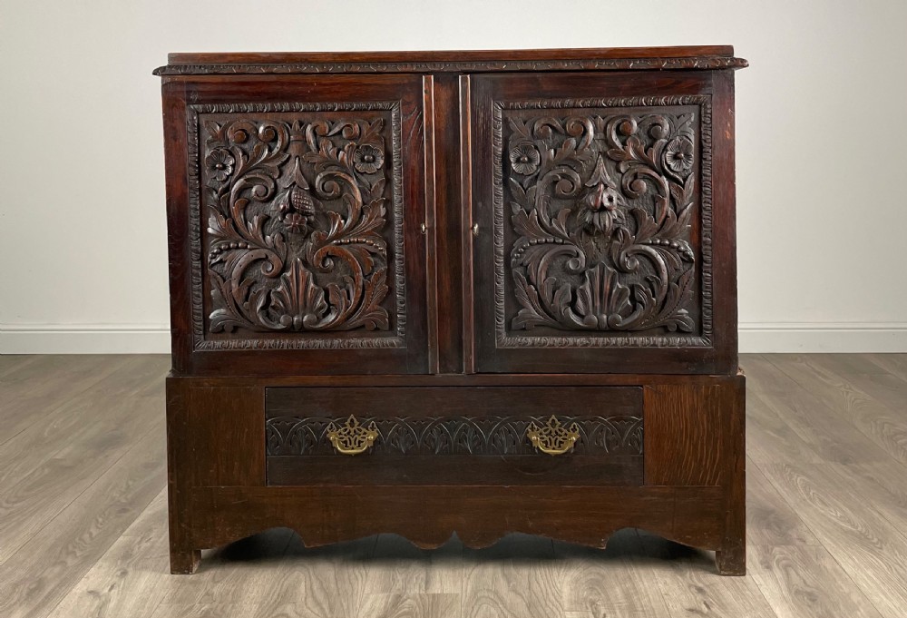 Antique 19th Century Heavily Carved Cupboard In Oak
