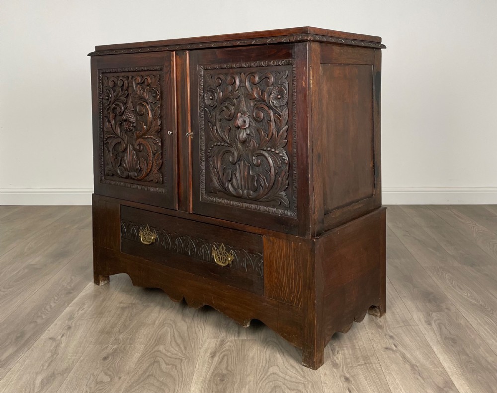 Antique 19th Century Heavily Carved Cupboard In Oak View III