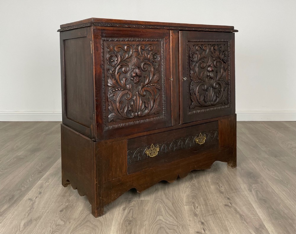 Antique 19th Century Heavily Carved Cupboard In Oak View IX