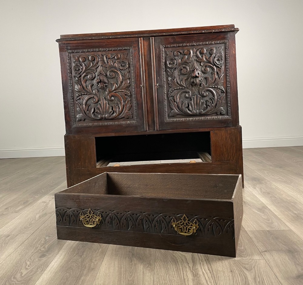 Antique 19th Century Heavily Carved Cupboard In Oak View XI