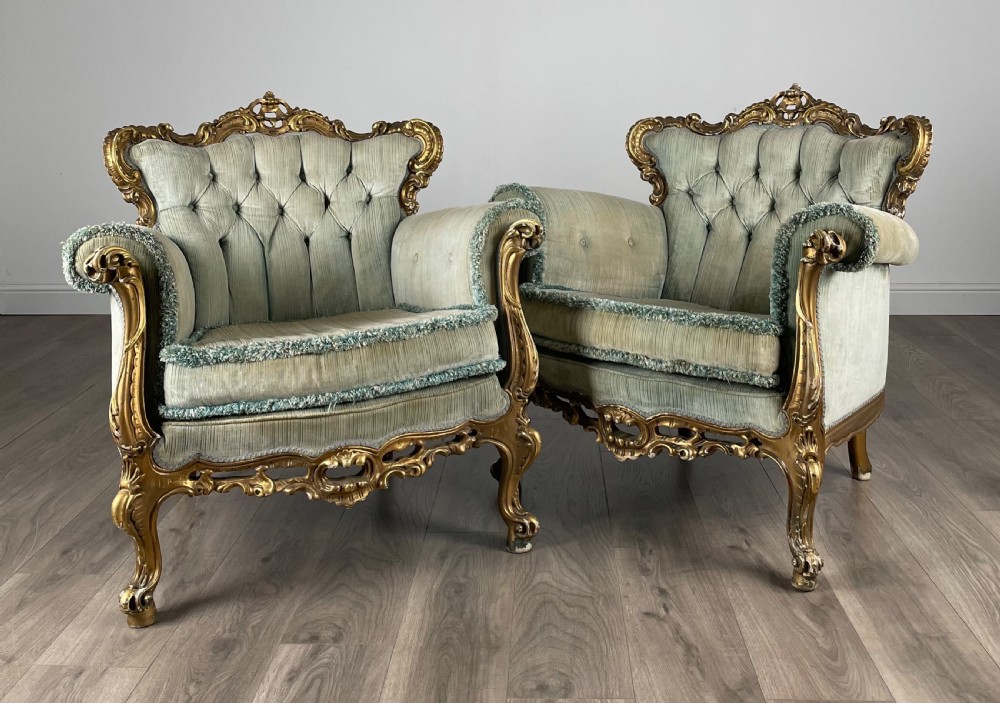 Antique 19th Century Pair Of French Gilded Armchair's