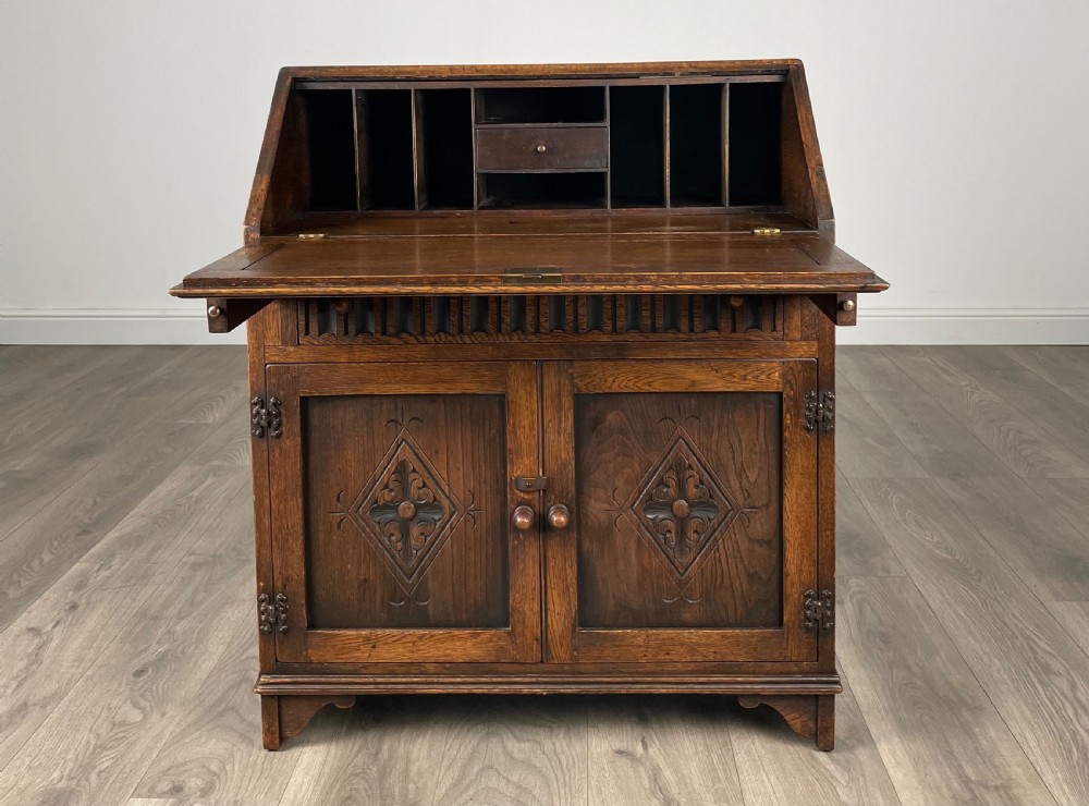 Antique 20th Century Carved Bureau In Oak View II