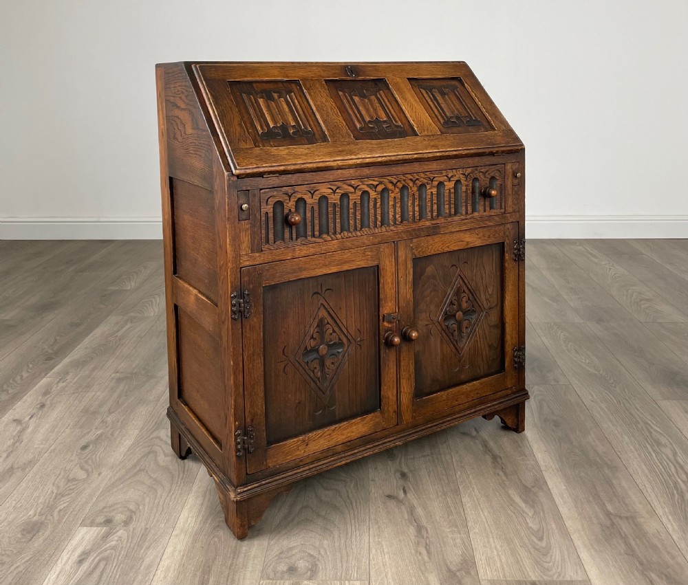 Antique 20th Century Carved Bureau In Oak View X