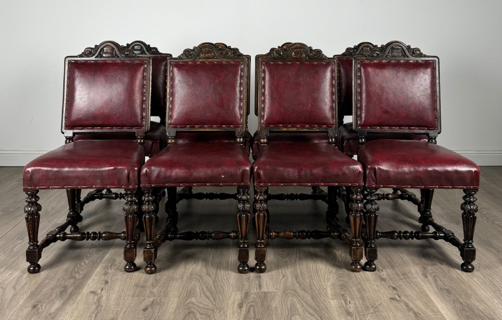 Antique 19th Century Set Of 8 Carved Oak Dining Chairs