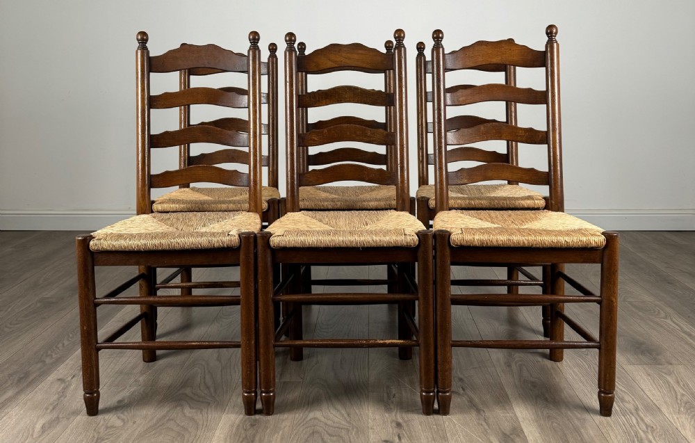 20th Century Set Of 6 Ladder Back Dining Chairs In Oak