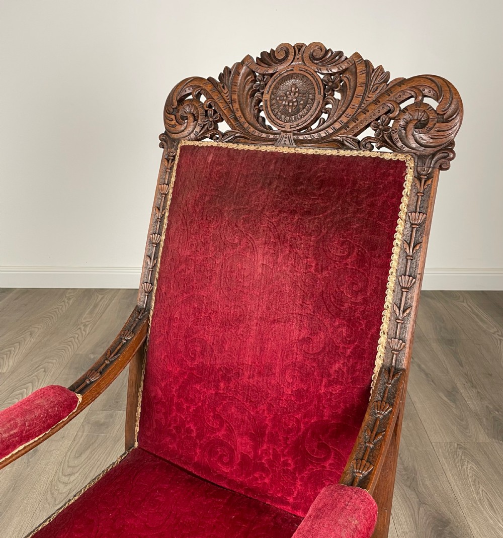 Antique Late 19th Century Carved Oak Armchair View VIII