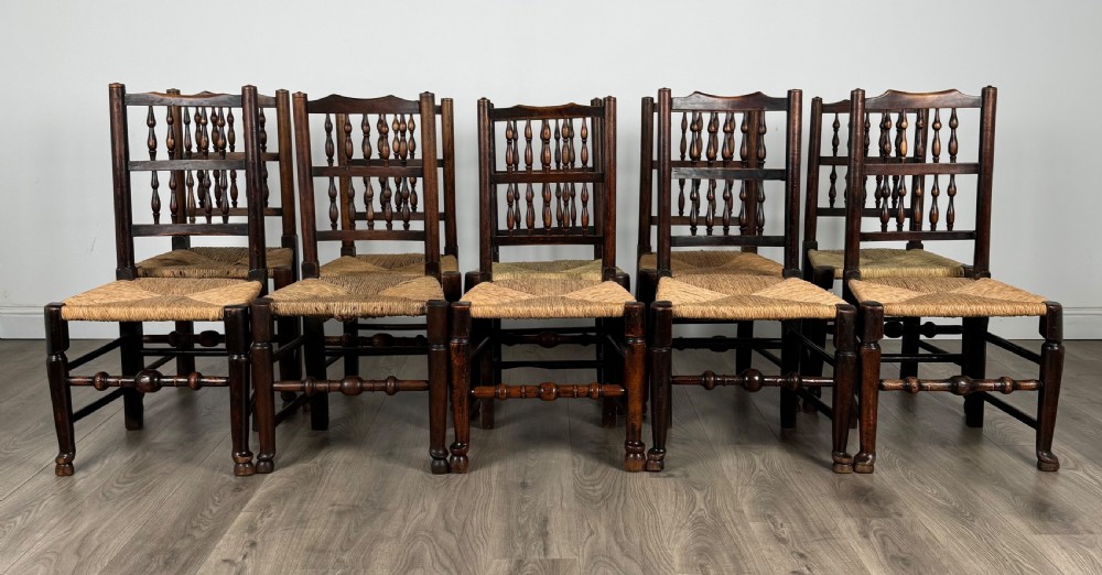 Antique 18th Century Set Of 10 Oak Spindle Back Dining Chairs