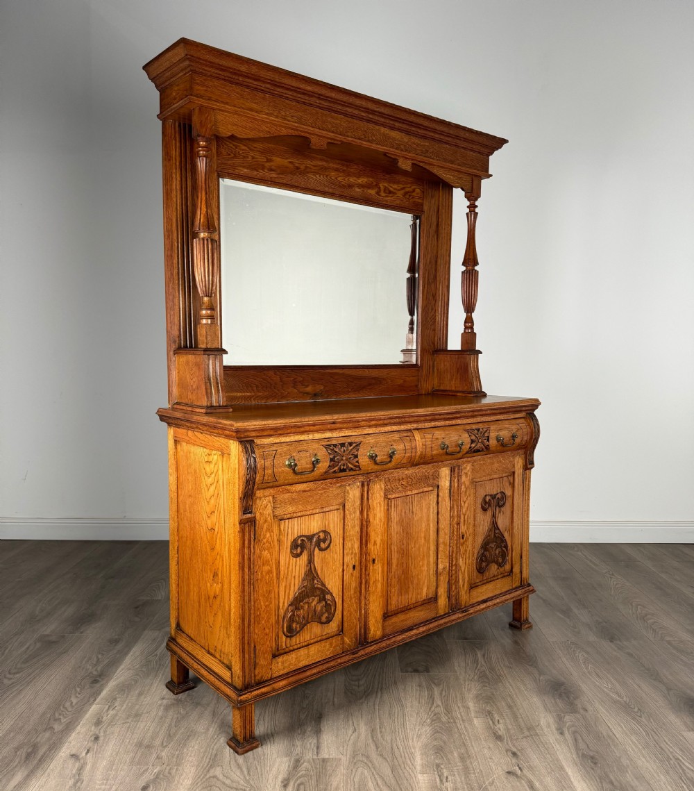 Antique 20th Century Golden Oak Mirror Back Sideboard View VI