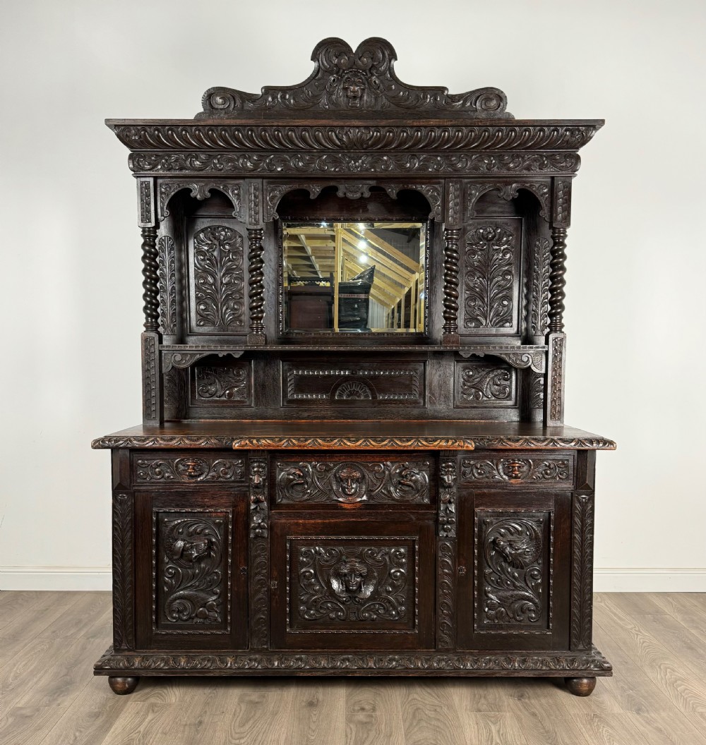 Antique 19th Century Heavily Carved Mirror Back Sideboard In Oak