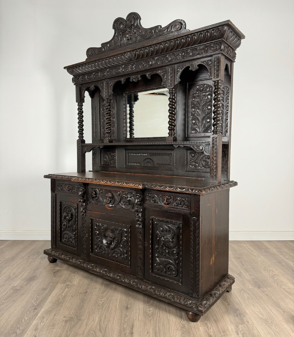 Antique 19th Century Heavily Carved Mirror Back Sideboard In Oak View II
