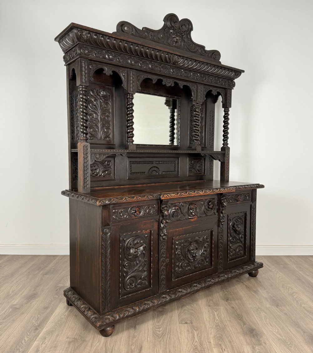 Antique 19th Century Heavily Carved Mirror Back Sideboard In Oak View VIII