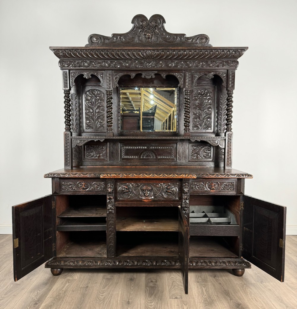 Antique 19th Century Heavily Carved Mirror Back Sideboard In Oak View IX