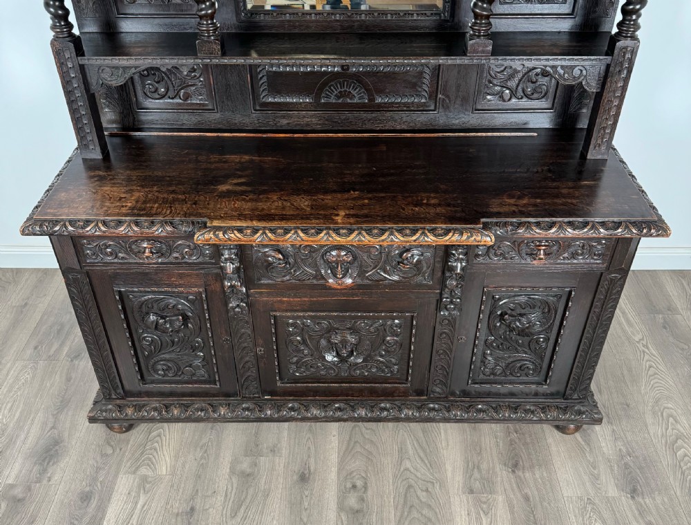 Antique 19th Century Heavily Carved Mirror Back Sideboard In Oak View XI