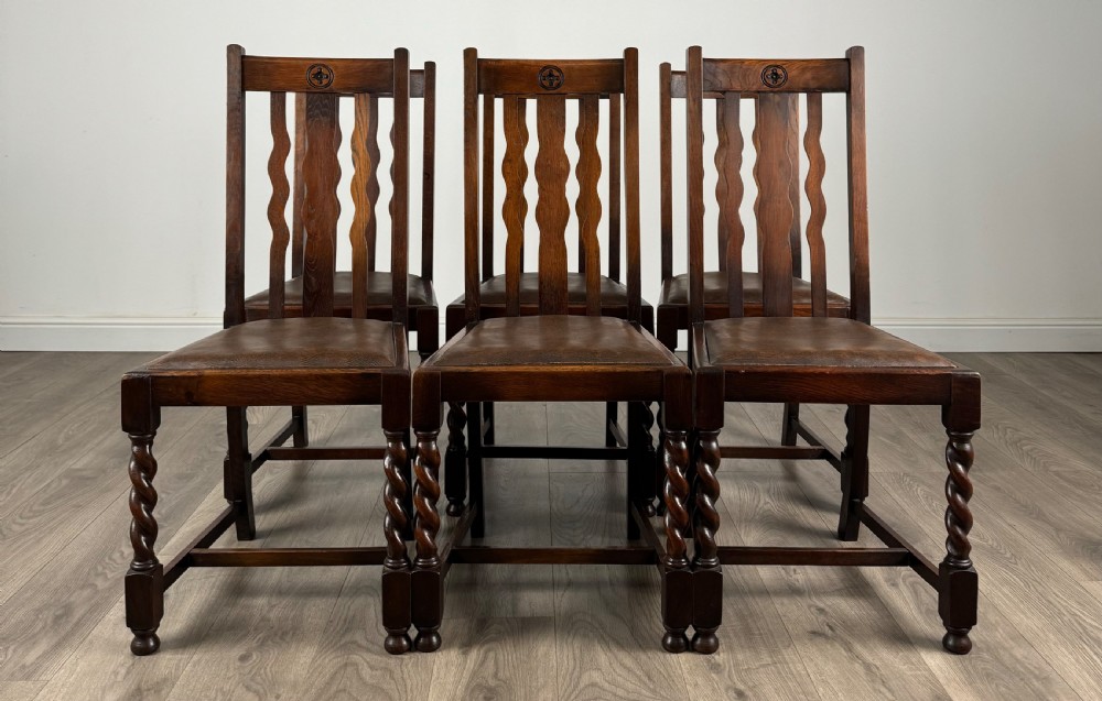 Antique 20th Century Set Of 6 Barley Twist Dining Chairs In Oak