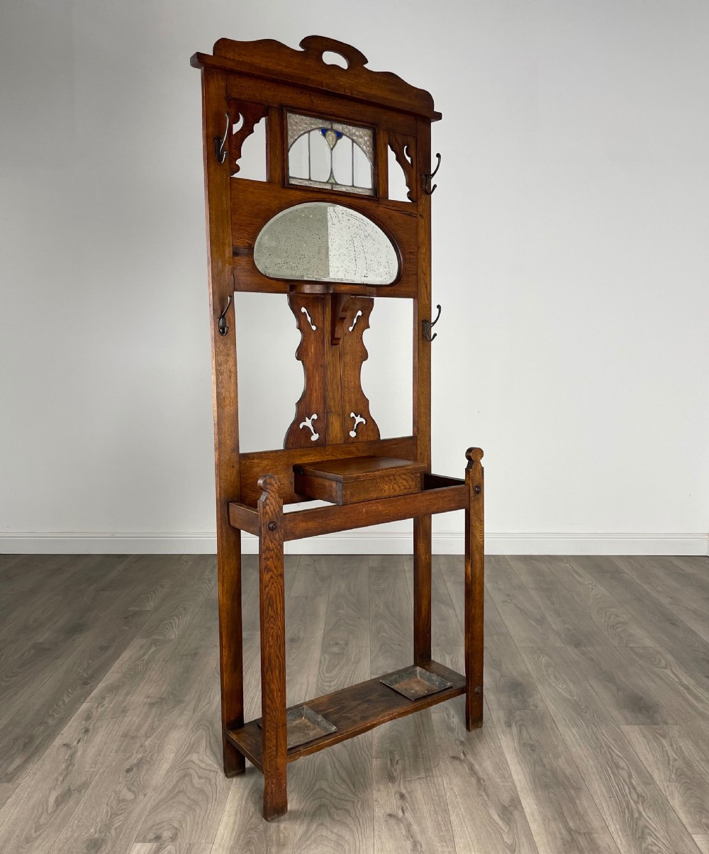 Antique 20th Century Art Nouveau Style Hall Stand In Oak View VI