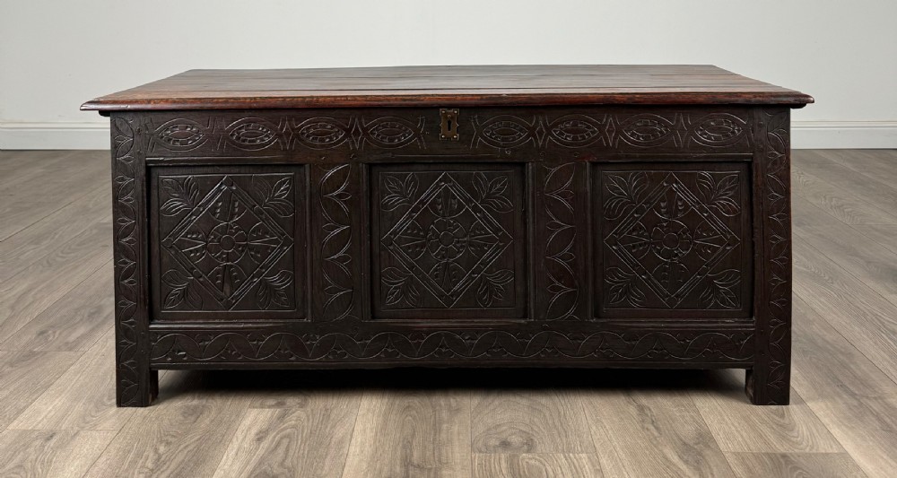 Antique 18th Century Carved Blanket Box In Oak