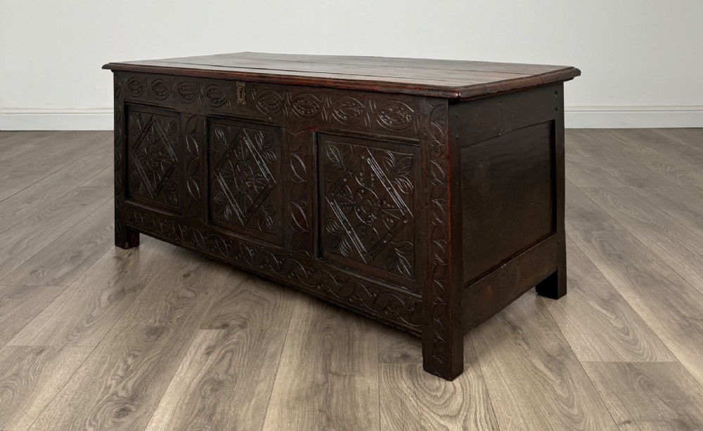 Antique 18th Century Carved Blanket Box In Oak View II