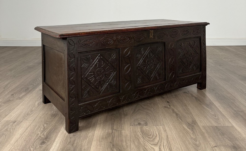 Antique 18th Century Carved Blanket Box In Oak View VIII