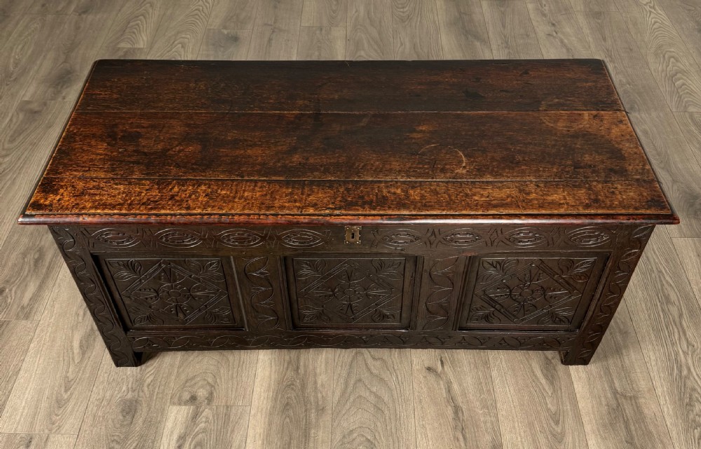 Antique 18th Century Carved Blanket Box In Oak View IX