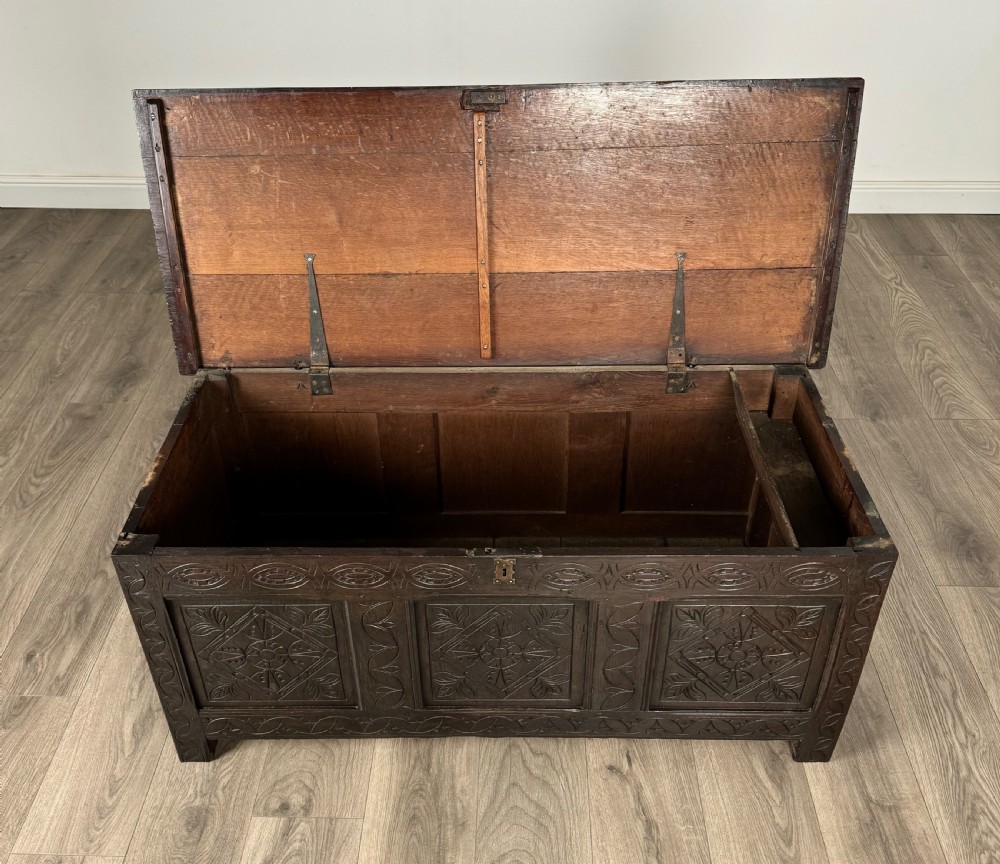 Antique 18th Century Carved Blanket Box In Oak View X