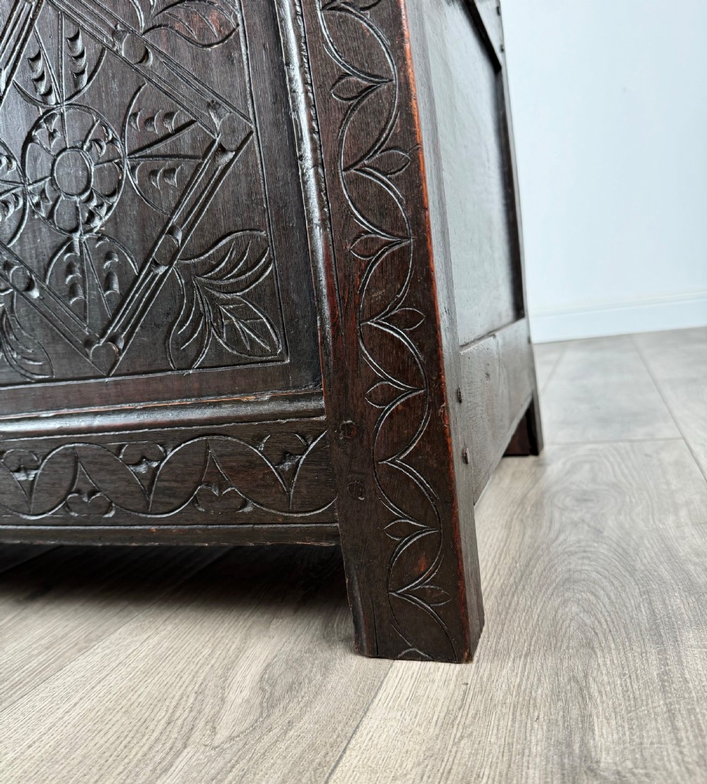 Antique 18th Century Carved Blanket Box In Oak View XI