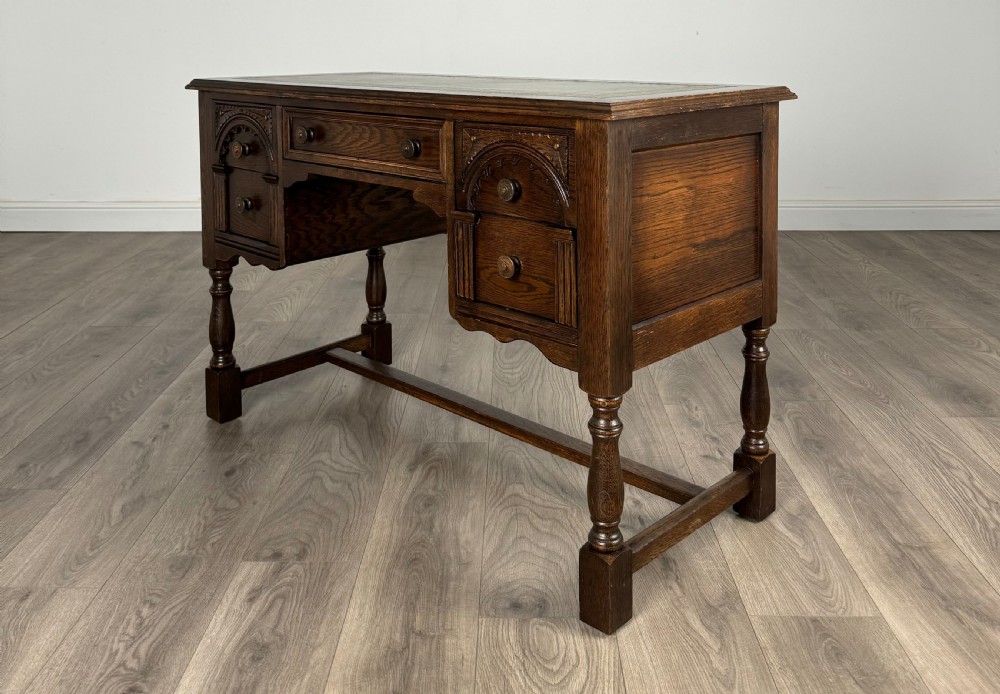 Antique 20th Century Leather Top Writing Desk In Oak View II