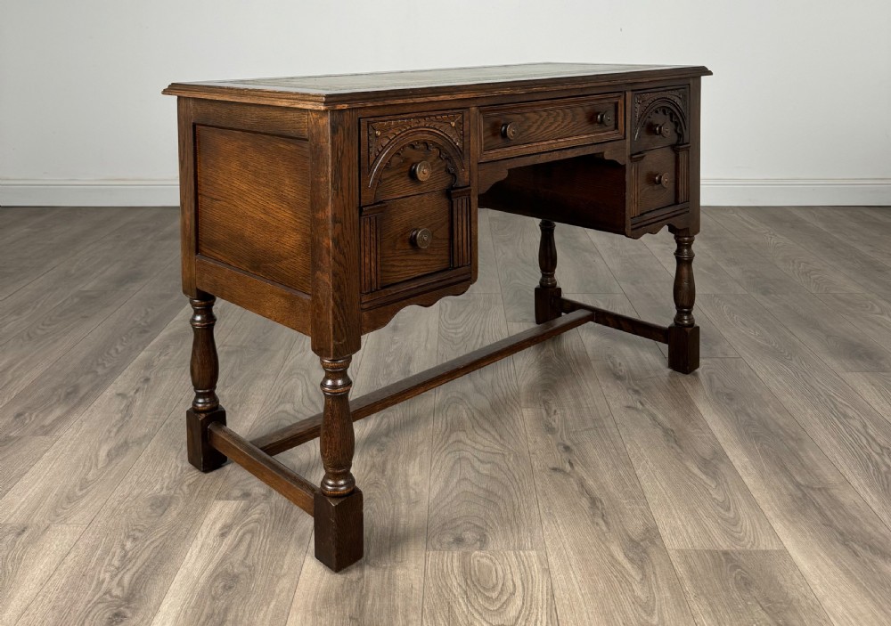Antique 20th Century Leather Top Writing Desk In Oak View VIII